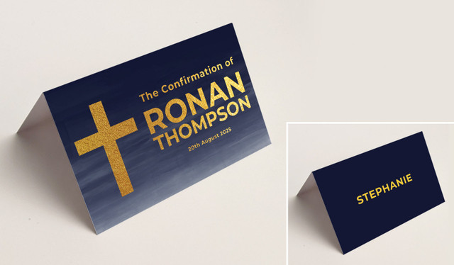 Navy Blue Watercolour Confirmation Place Cards With Guest Names