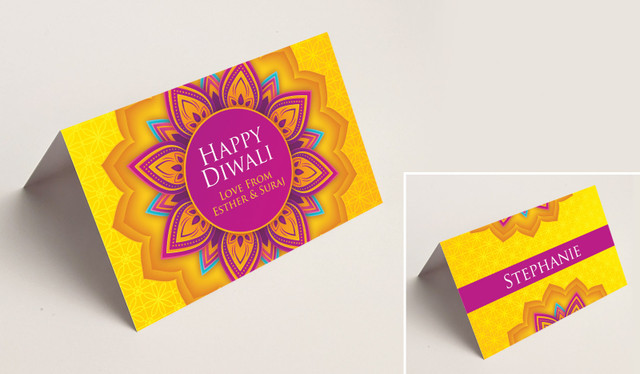 Yellow Purple Diwali Place Cards With Guest Names