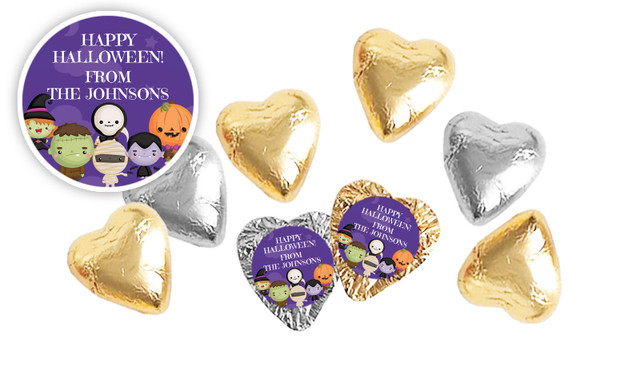 Cute Creatures Halloween Personalised Foil Chocolate Hearts