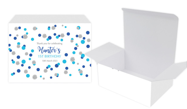 Confetti Blue And Silver Kids Party Personalised Tuck Gift Box