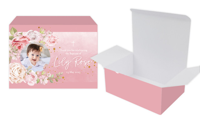 Pink Roses Photo Christening Personalised Tuck Gift Box