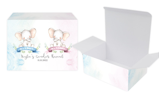 Sitting Elephants Gender Reveal Personalised Tuck Gift Box
