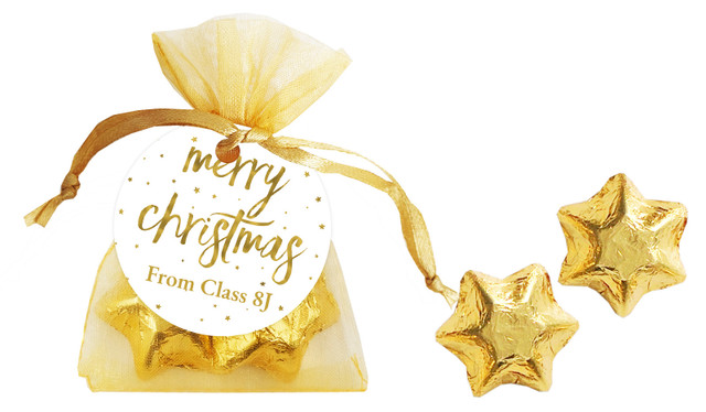 Gold Confetti Stars Christmas Organza Bag With Swing Tag