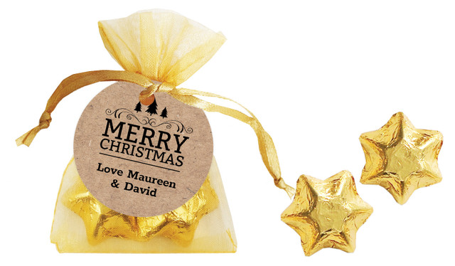 Merry Christmas On Kraft Christmas Organza Bag With Swing Tag