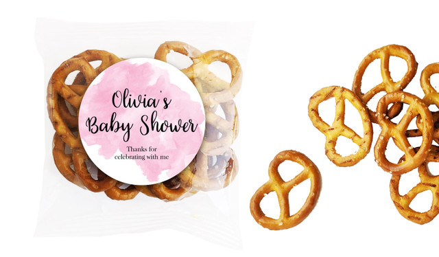 A Splash Of Watercolour Pink Baby Shower Personalised Bag Of Pretzels