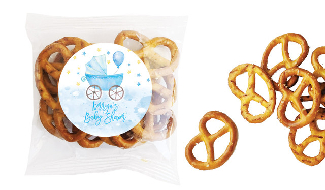 Pram Blue Baby Shower Personalised Bag Of Pretzels