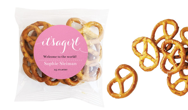Flowing Words Girls Birth Announcement Personalised Bag Of Pretzels