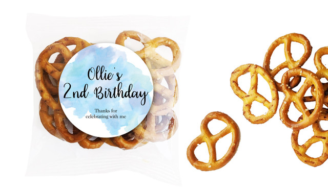 A Splash Of Watercolour Blue Kids Party Personalised Bag Of Pretzels
