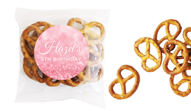 Pink Glitter Kids Party Personalised Bag Of Pretzels