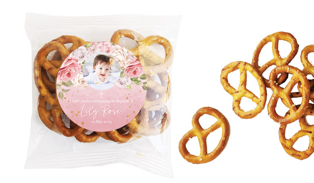 Pink Roses Photo Christening Personalised Bag Of Pretzels