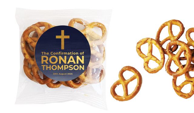 Navy Blue Watercolour Confirmation Personalised Bag Of Pretzels