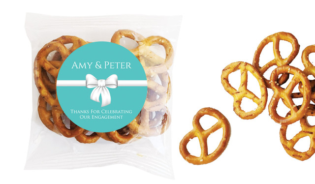 Turquoise Blue Bow Engagement Personalised Bag Of Pretzels