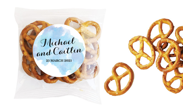 A Splash Of Watercolour Blue Wedding Personalised Bag Of Pretzels