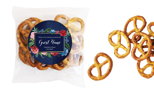 Floral Frame On Navy Wedding Personalised Bag Of Pretzels