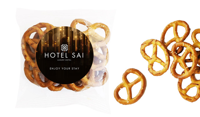 Hanging Glass Hospitality Branded Bag Of Pretzels