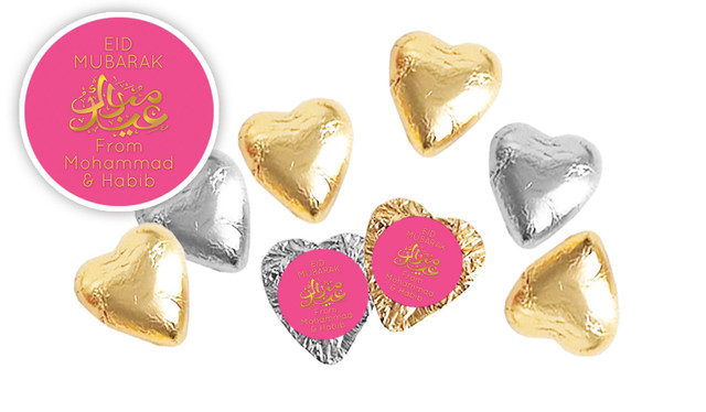 Symbol On Pink Personalised Foil Chocolate Hearts