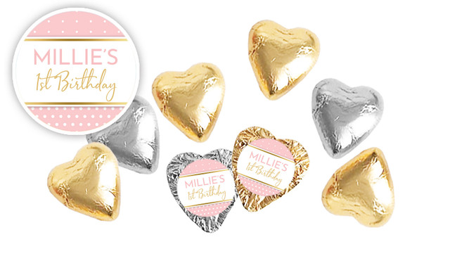 Polkadot Pink 1st Birthday Foil Chocolate Hearts