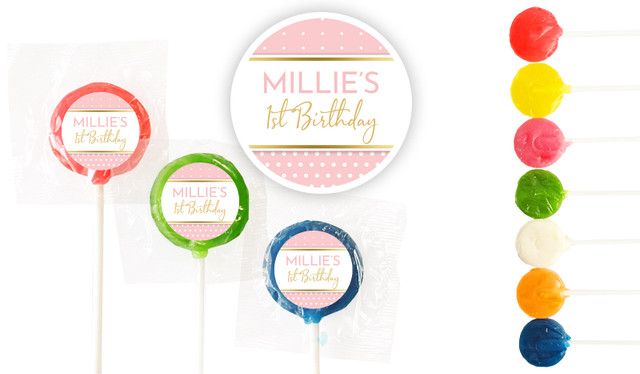 Polkadot Pink 1st Birthday Custom 3cm Mini Lollipops