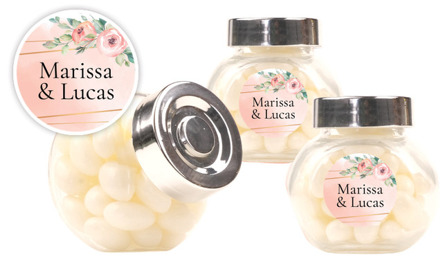 Gold Rings On Peach Wedding Personalised Mini Candy Jar