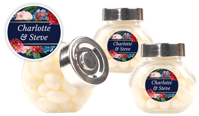 Floral Frame On Navy Wedding Personalised Mini Candy Jar
