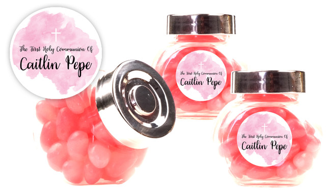 A Splash Of Watercolour Pink Communion Personalised Mini Candy Jar