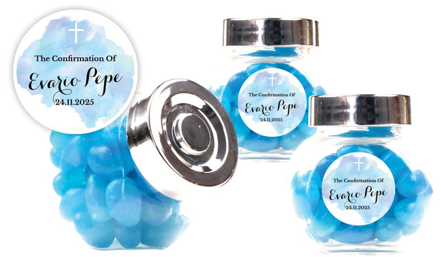 A Splash Of Watercolour Blue Confirmation Personalised Mini Candy Jar