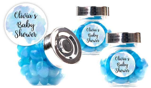 A Splash Of Watercolour Blue Baby Shower Personalised Mini Candy Jar