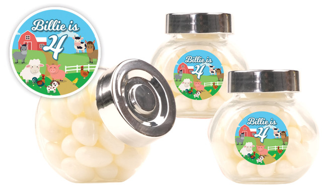 Down The Farm Kids Party Personalised Mini Candy Jar With Multicoloured Jelly Beans