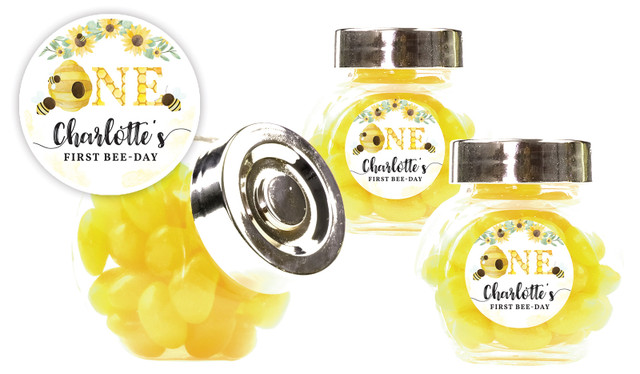 Bee 1st Birthday Kids Party Personalised Mini Candy Jar