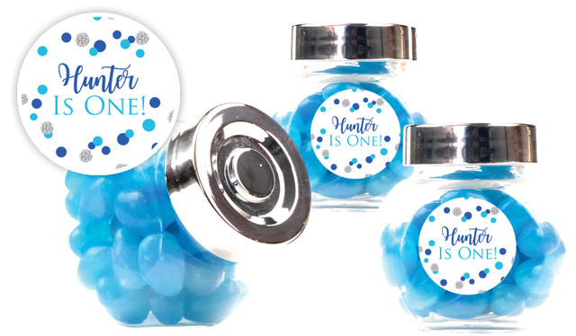 Confetti Blue And Silver Kids Party Personalised Mini Candy Jar