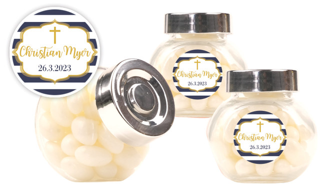 Bold Stripe And Gold Christening Personalised Mini Candy Jar