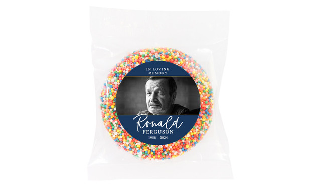 Cursive Blue Funeral Personalised Chocolate Freckle