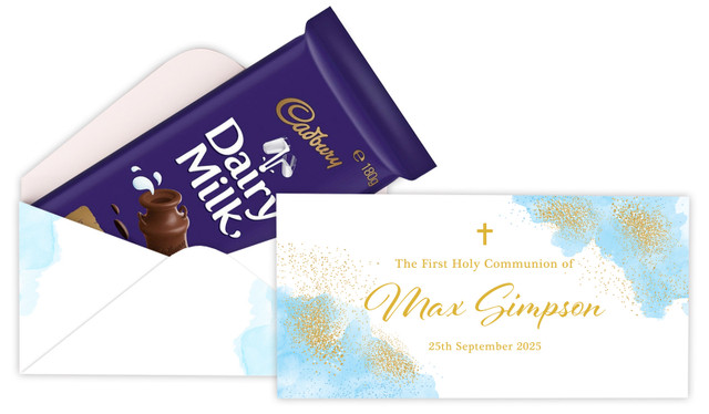 Gold Sparkle on Blue Communion Personalised Cadbury Bar Box