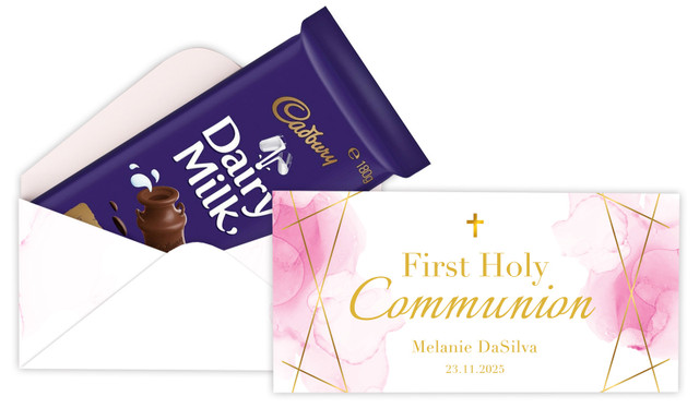 Pink Watercolour with Gold Communion Personalised Cadbury Bar Box
