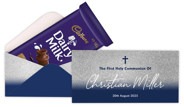 Blue and Silver glitter Communion Personalised Cadbury Bar Box (Box Only)