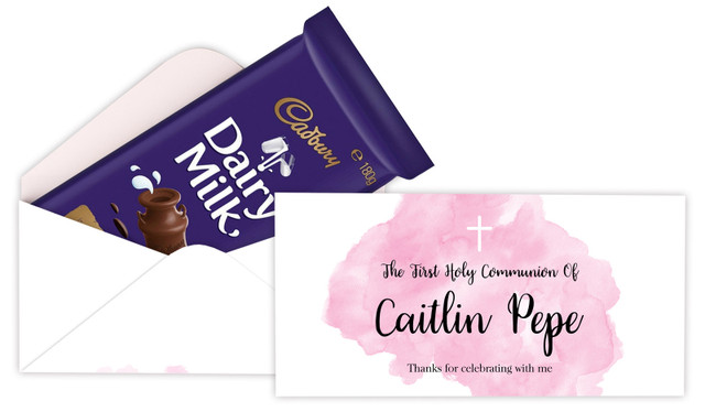 A Splash Of Watercolour Pink Communion Personalised Cadbury Bar Box