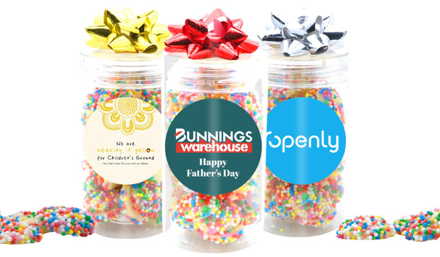 Branded Long Lolly Jar Filled With Mini White Chocolate Speckles