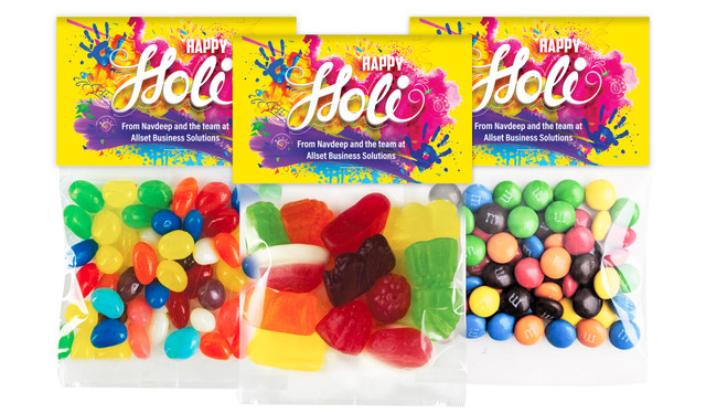 Yellow Branded Holi Custom Lolly Bag With Topper