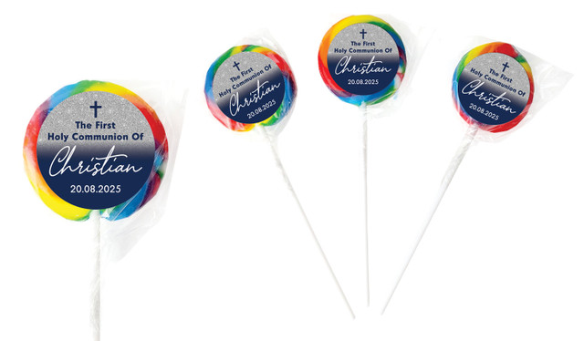 Blue and Silver glitter Communion Personalised Lollipops