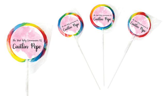 A Splash Of Watercolour Pink Communion Personalised Lollipops