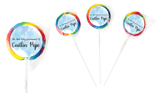 A Splash Of Watercolour Blue Communion Personalised Lollipops