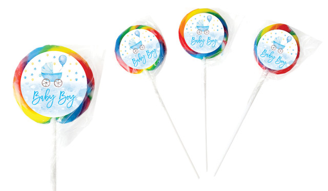 Pram In Blue Baby Shower Personalised Lollipop