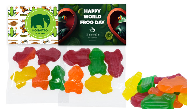 Branded Lolly Bag Topper With Rainbow Jelly Frogs