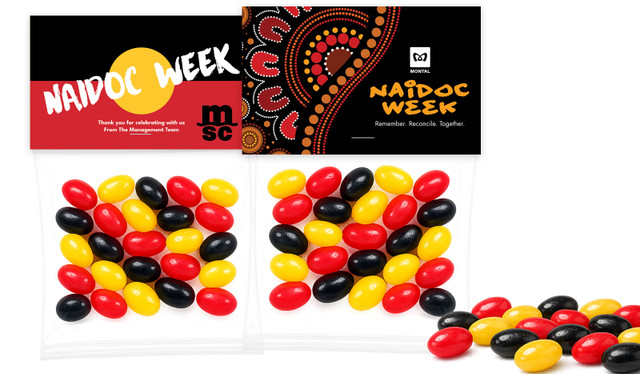 Aboriginal Flag NAIDOC Branded 50g Jelly Bean Bag With Topper