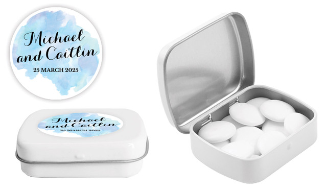 A Splash Of Watercolour In Blue Wedding Personalised Mint Tin