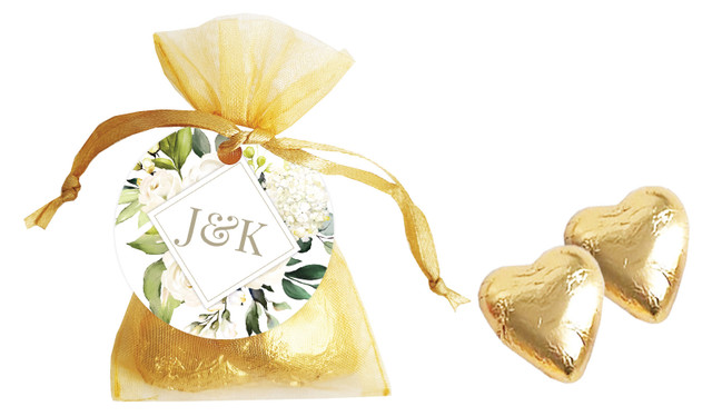 Diamond On White Roses Organza Bag With Hearts And Swing Tag