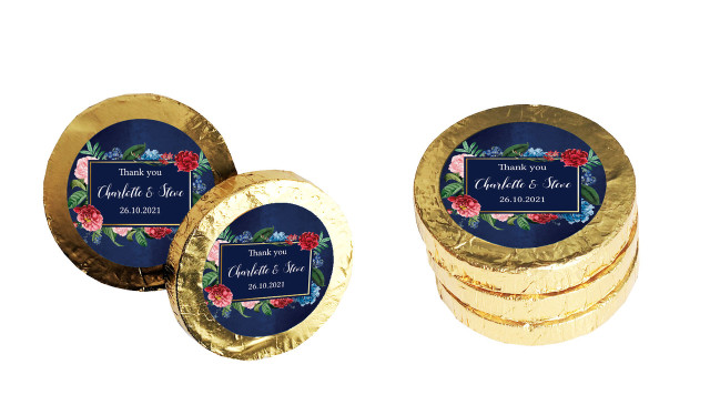Floral Frame On Navy  Personalised Wedding Chocolate Coins