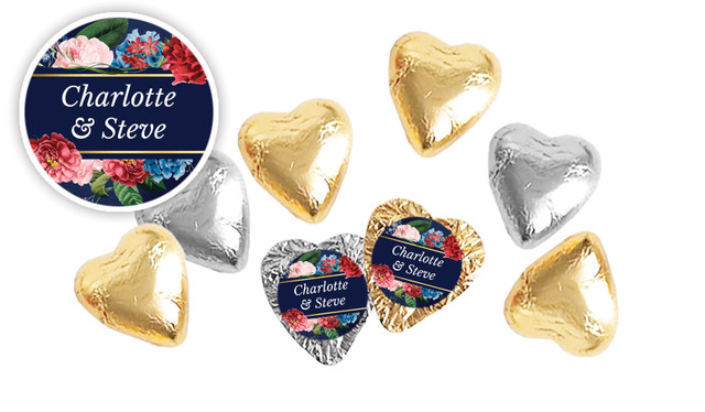 Floral Frame On Navy Personalised Foil Chocolate Hearts