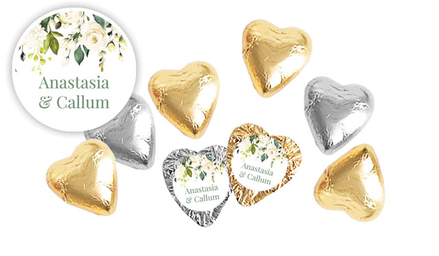 White Roses Hanging Personalised Foil Chocolate Hearts