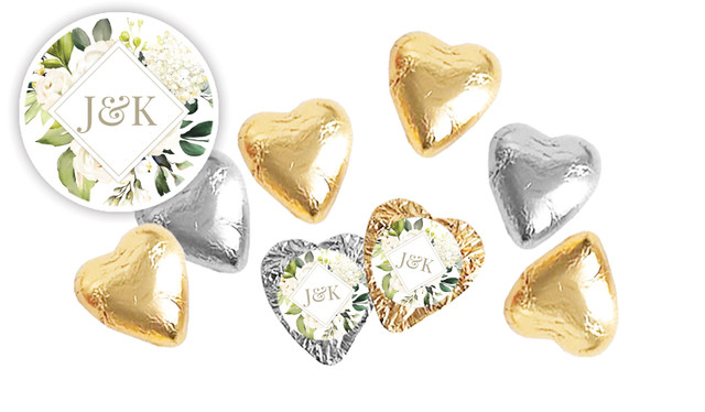 Diamond On White Roses Personalised Foil Chocolate Hearts